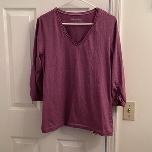 Eddie Bauer Women's Plum Ruched 3/4 Sleeve V-Neck Top W/Horizontal Stripes
